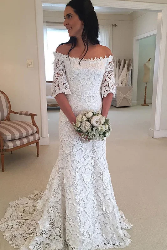 Classy Half Sleeve Off the Shoulder Lace Wedding Dresses Strapless Lace Dress