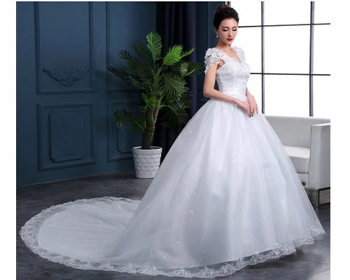 W170 (2), White Cap Sleeves Floral Trail Ball Gown, Size (XS-30 to XL-40) Mermaid Wedding Gown