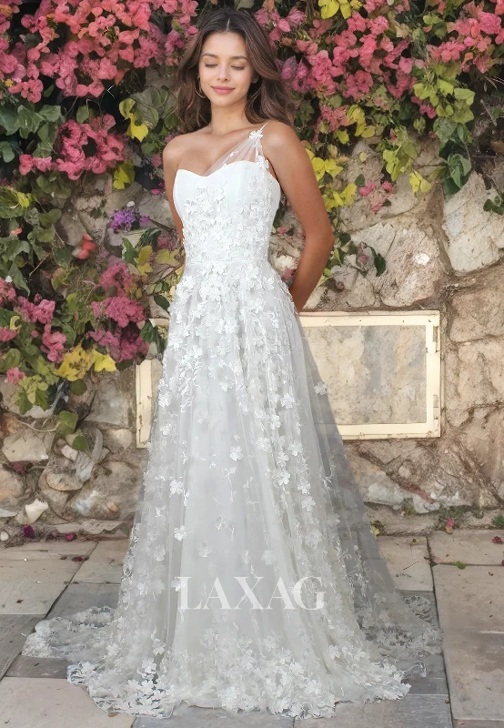 A-Line One Shoulder Appliques Tulle Sleek Satin Wedding Dress with Train Sparkling Wedding Dress