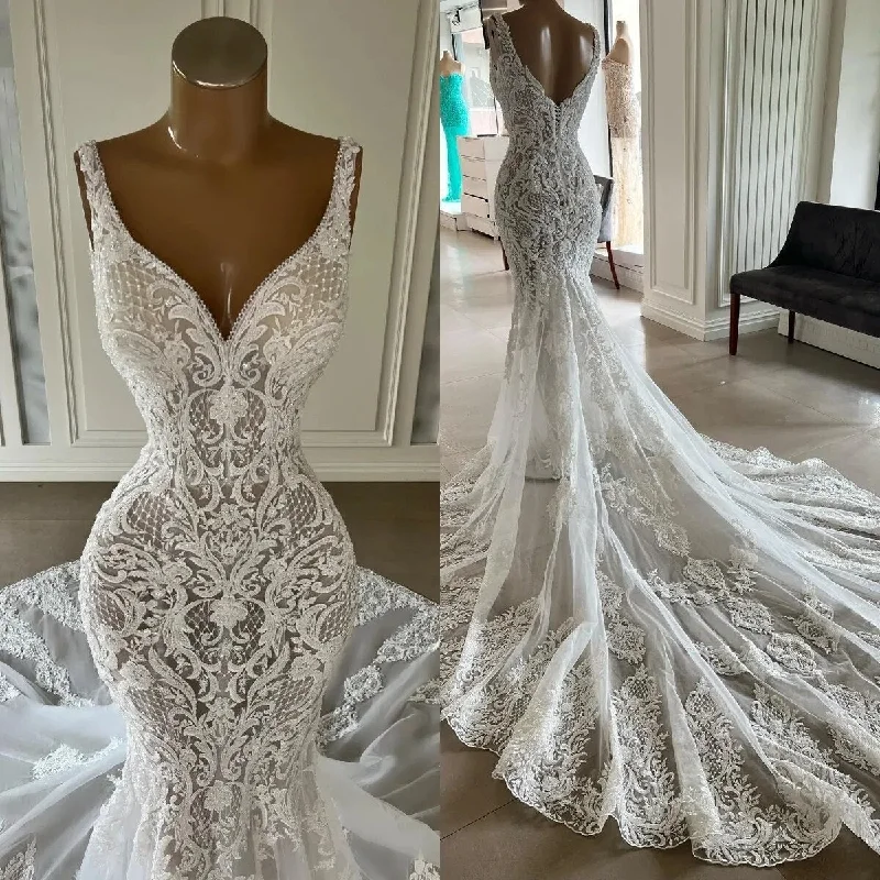 Elegant 2023 Full Lace Mermaid Wedding Dresses V Neck Lace Appliqued Boho Country Bridal Party Gowns Vestidos De Novia Glamorous Wedding Dress