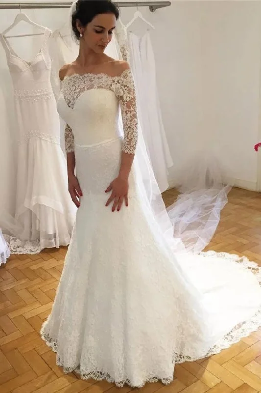 Elegant Mermaid Off the Shoulder Lace Wedding Dress With 3/4 Sleeves Bridal Dress N2524 Full Length Gown