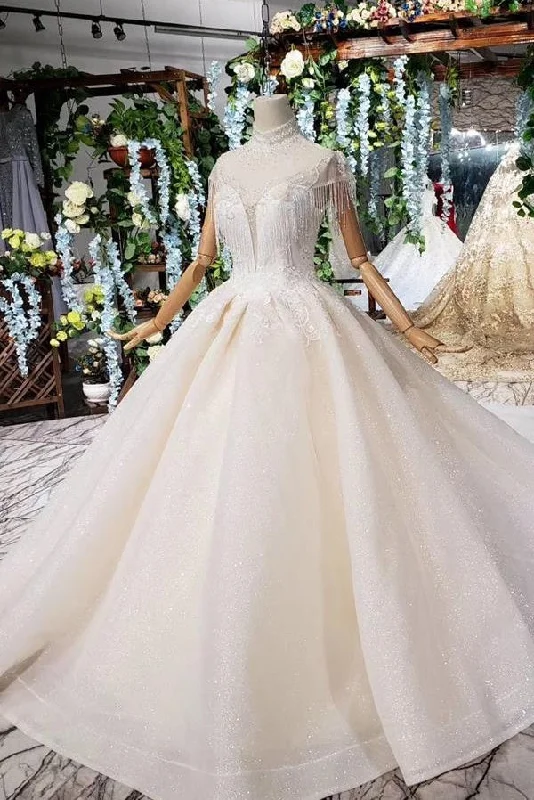 Elegant Ivory Vintage Long Beading Lace Wedding Dress Bridal Dress Ball Gown Short Wedding Gown