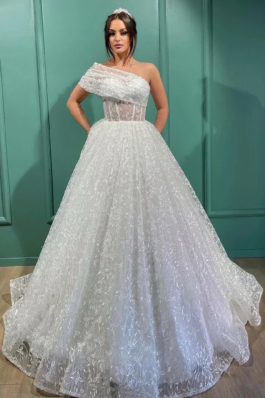 Gorgeous One Shoulder Sleeveless Princess Wedding Dress With Tulle Elegant A-line Gown