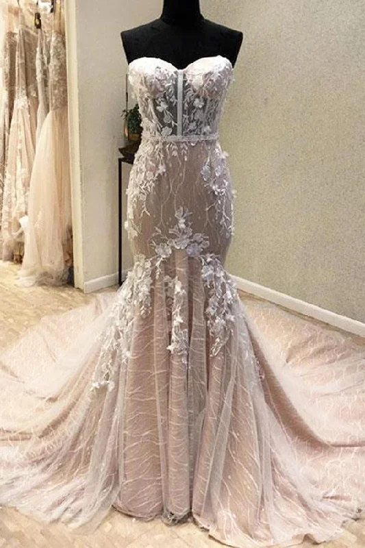 Gorgeous Sweetheart Mermaid Lace Appliqued Strapless Wedding Dress Bridal Dress N2532 Boho Chic Gown