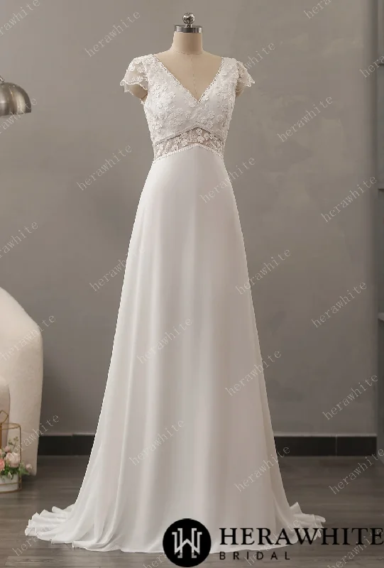 Illusion Floral Lace Wedding Dress with Chiffon Skirt Crystal Wedding Dress