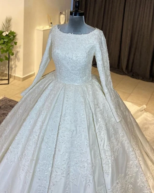 Modest Applique Satin Wedding Dress Long Sleeve Timeless Wedding Dress