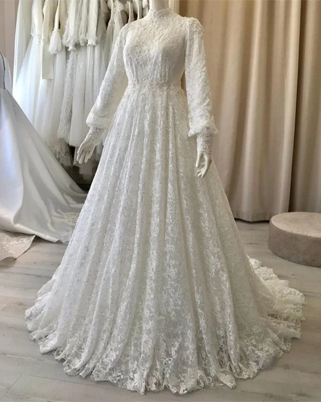 Modest Lace Wedding Dresses Long Sleeve Tiered Wedding Dress