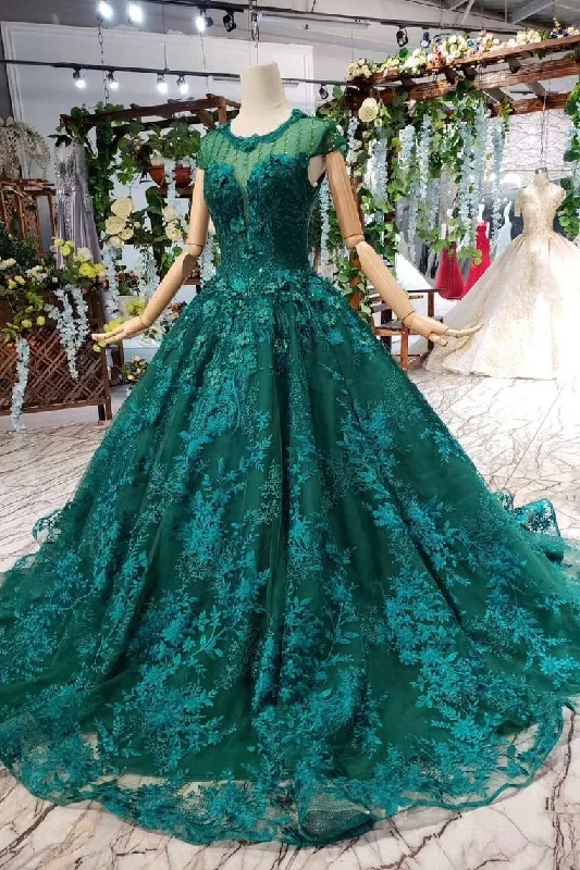 New Arrival Prom Dresses Court Train Scoop Cap Sleeves Lace Up Back DMK13 Floral Wedding Gown