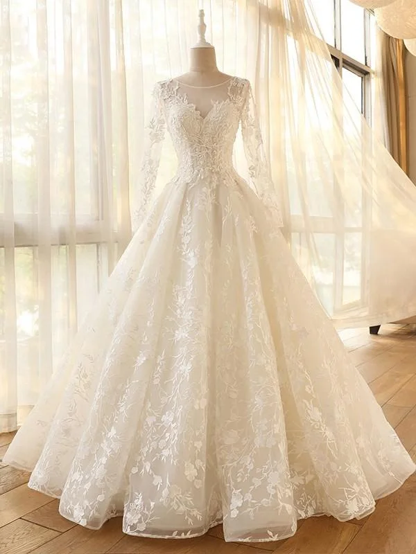 Pretty A Line Long Sleeves Floor Length Lace Applique Tulle Long Wedding Dresses, MD444 Silk Wedding Gown