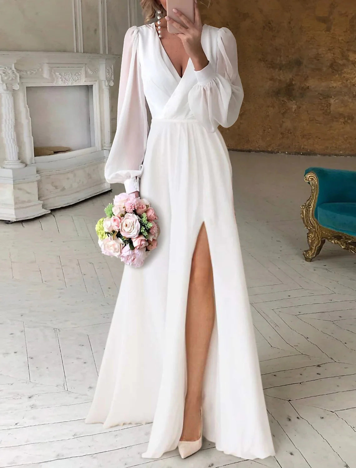 Reception Little White Dresses Simple Wedding Dresses A-Line V Neck Long Sleeve Floor Length Chiffon Bridal Gowns With Ruched Romantic Satin Dress