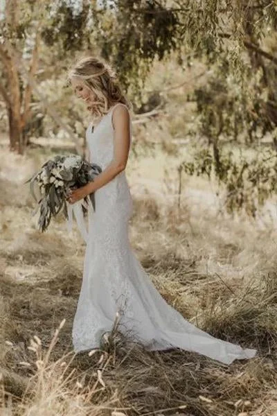 Sexy Mermaid Lace Beach Wedding Dress, Boho Backless Long Wedding Gown N2595 Lace Sleeveless Dress