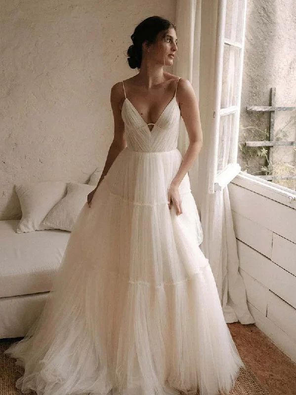 Simple A-line Wedding Dresses, Popular Bridal Gowns, V-neck Tulle Bridal Wedding Dresses Vintage Wedding Gown