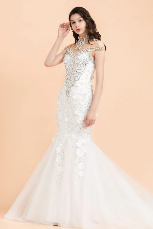 High Neck Appliques Crystal Beads Tulle Mermaid Wedding Dress Classic Lace Gown