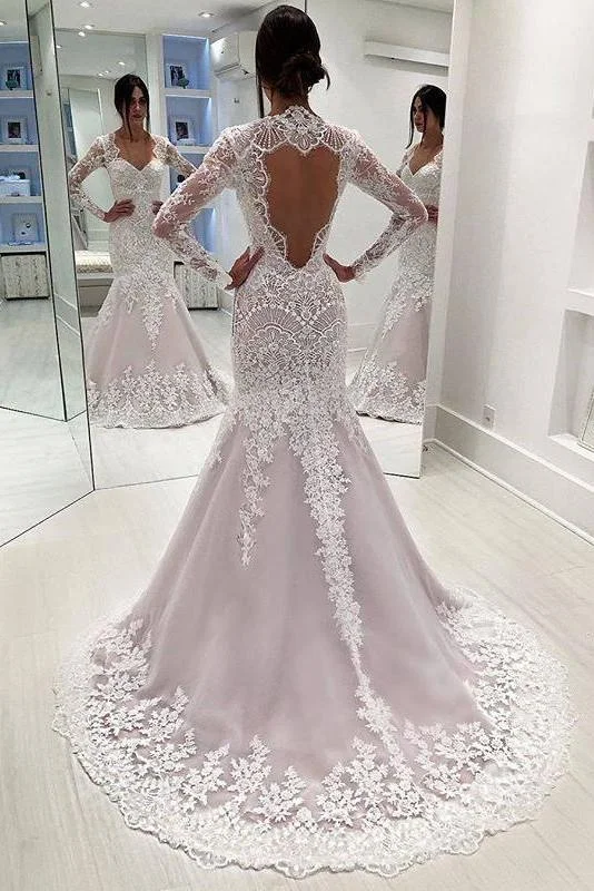 Vintage Long Sleeves Mermaid Wedding Dress, Long Open Back Bridal Dress Sleeveless Wedding Dress