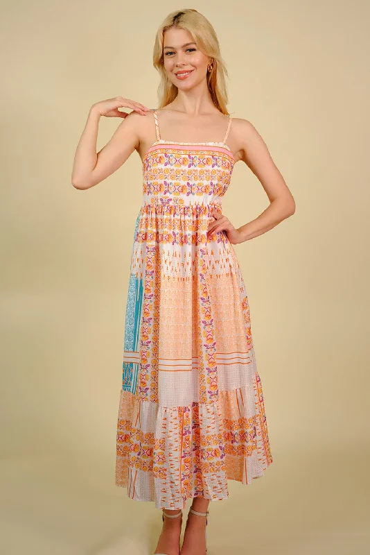 Printed Spaghetti Strap Smocked Midi Dress Comfortable midi dresses for everyday wear