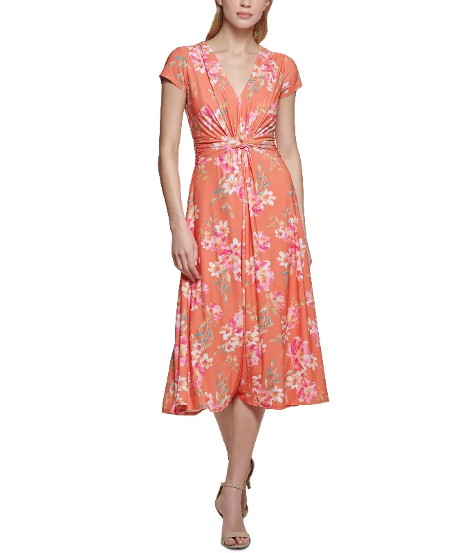 Vince Camuto Womens Floral-Print Twist-Front Midi Dress Women's trendy midi dresses sale