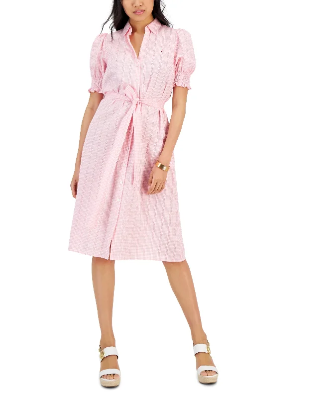 Women's Puff Sleeve Gingham Midi Dress Minimalist midi dresses