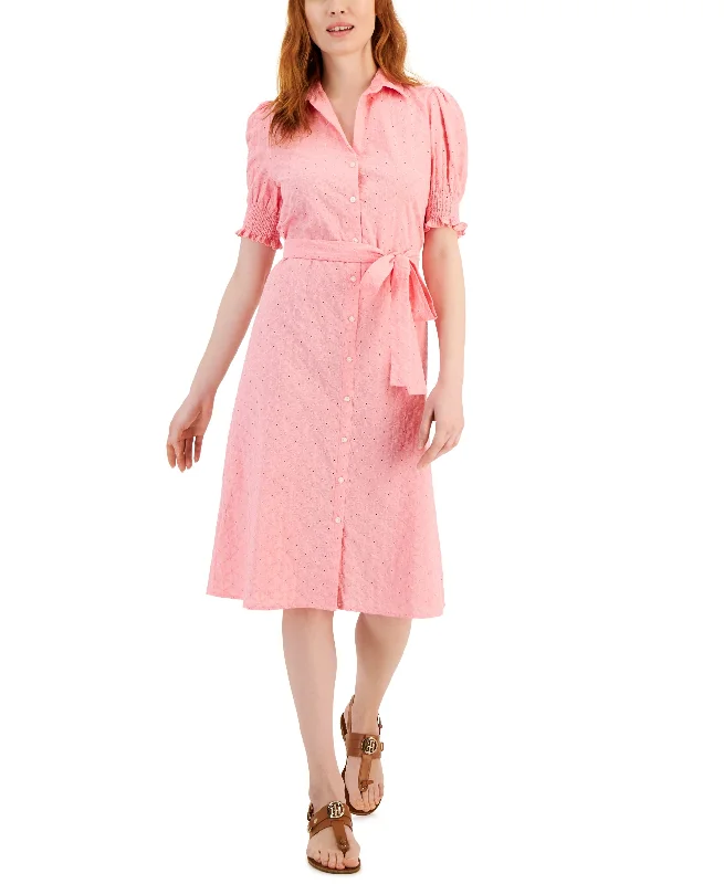 Women's Puffed Sleeve Eyelet Midi Dress Summer midi dresses