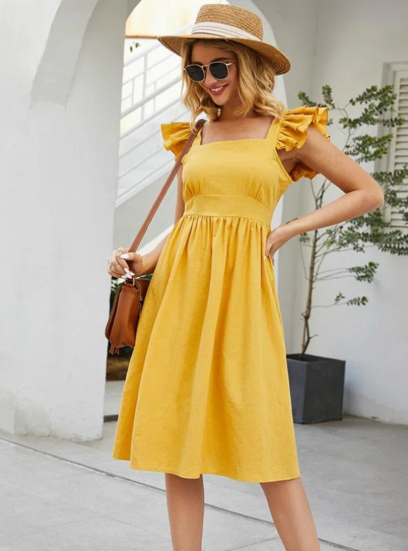 YELLOW FLARED SLEEVES BACKLESS KNOTTED MIDI DRESS Wrap midi dresses