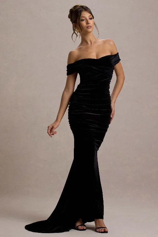 Apolline | Black Velvet Off The Shoulder Ruched Fishtail Maxi Dress Date night maxi dresses