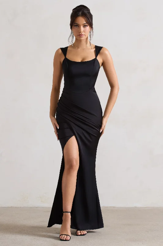 A Romantic | Black Satin Corset Wrap Maxi Dress Holiday maxi dresses