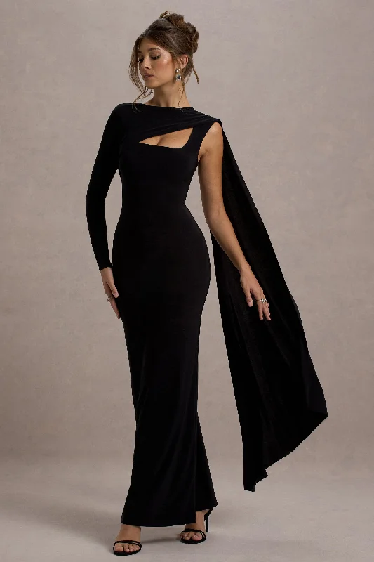 Ashini | Black One-Sleeve Maxi Dress With Cape Boohoo maxi dresses