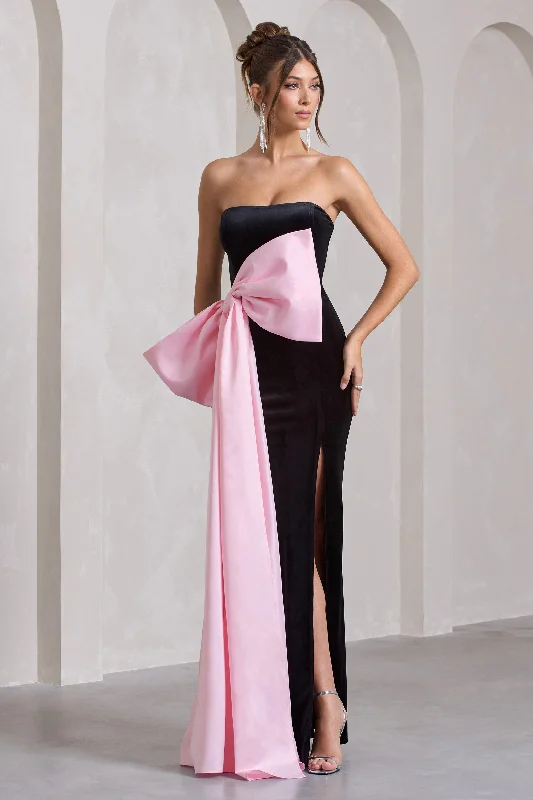 Best Wishes | Black Velvet Bandeau Split Maxi Dress With Oversized Pink Bow Shein maxi dresses