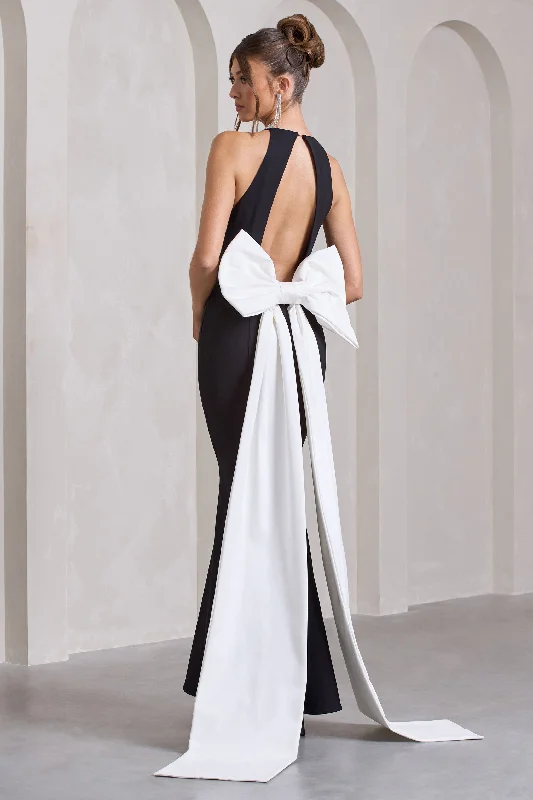 Bestow | Black Open-Back Maxi Dress With Oversized White Bow Wrap maxi dresses