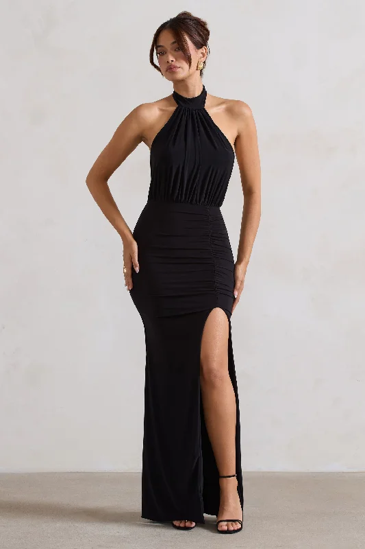 Forever Dreaming | Black Backless Halter Neck Ruched Split Maxi Dress Forever 21 maxi dresses