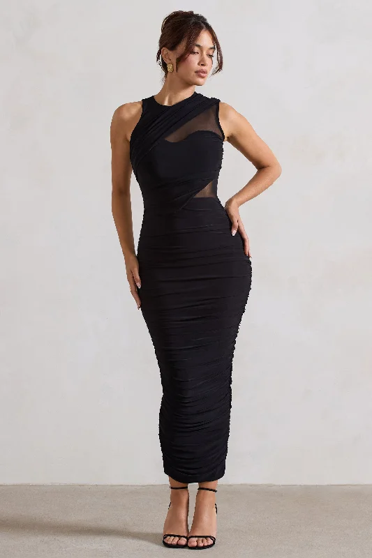 Born With It | Black Sleeveless High-Neck Draped Maxi Dress With Mesh Inserts Expensive maxi dresses