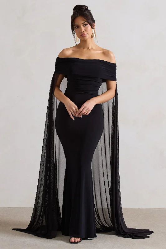 Carlotta | Black Bardot Maxi Dress With Chiffon Cape Strapless maxi dresses