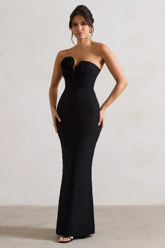 Enticed | Black Strapless V-Neck Maxi Dress With Flowers Best maxi dresses for tall women