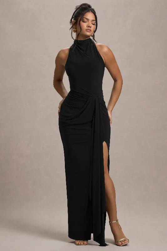 Khari | Black High-Neck Twisted Maxi Dress With Drape Best maxi dresses for plus size