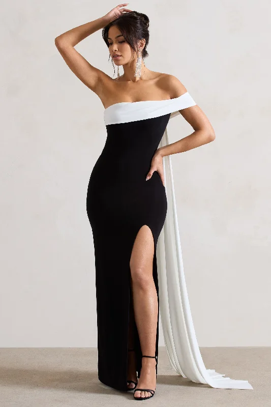 Legacy | Black & White Bardot Split Maxi Dress With Drape Glamorous maxi dresses