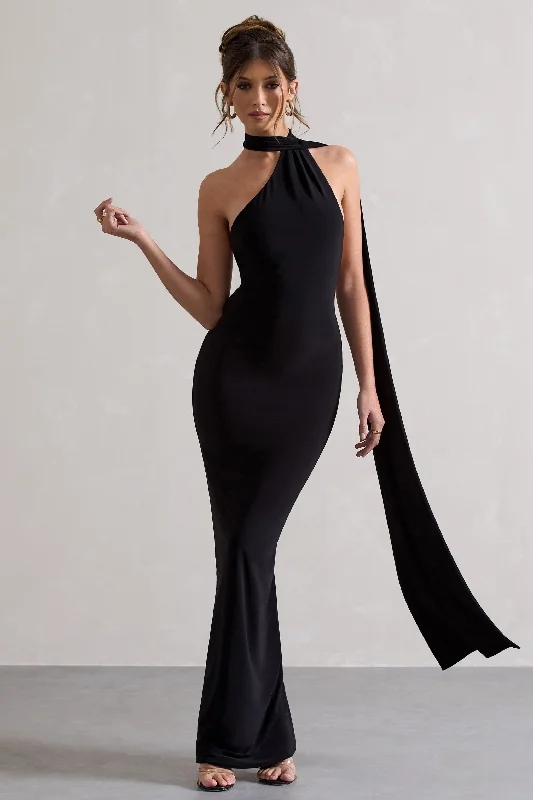 Miss | Black One Shoulder Backless Maxi Dress With Scarf Off-shoulder maxi dresses