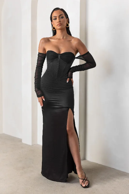 My Prize | Black Satin Bardot Mesh Long Sleeve Maxi Dress With Thigh Split Halter maxi dresses