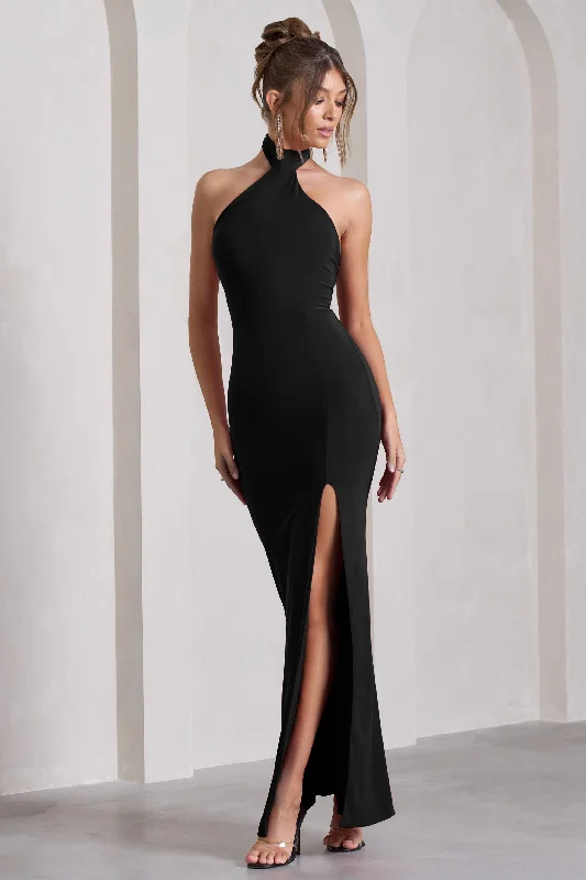 Pamela | Black Halter-Neck Sleeveless Split Maxi Dress Sexy little black maxi dresses