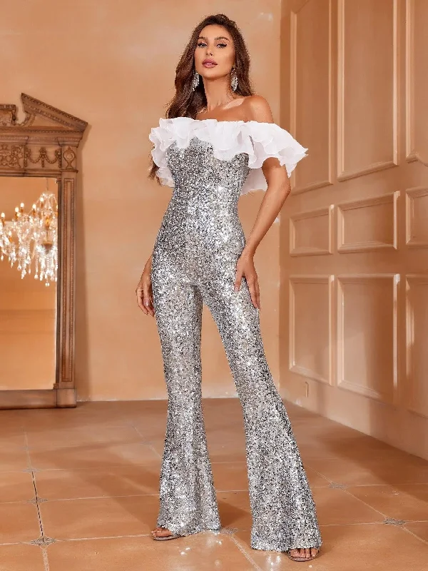 Ruffle Trim Off Shoulder Sequin Party Jumpsuit Men's party outfits