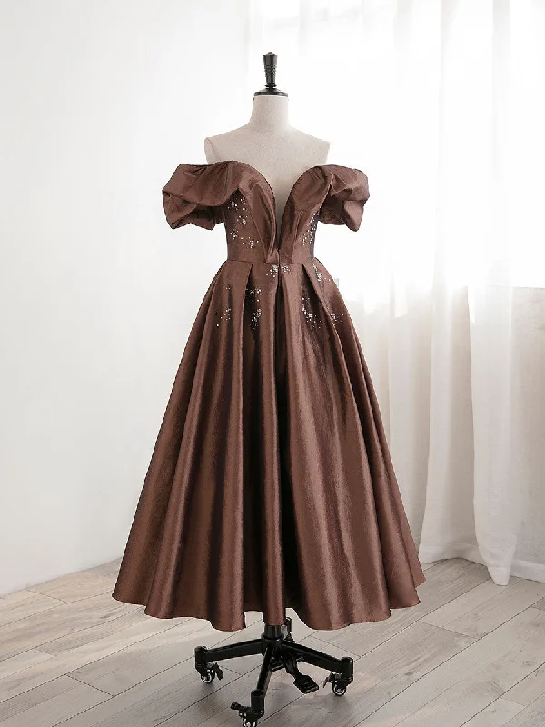 A-Line Tea length Brown Prom dresses, Off Shoulder Brown Formal Dress with Beading Street style unclassified dresses