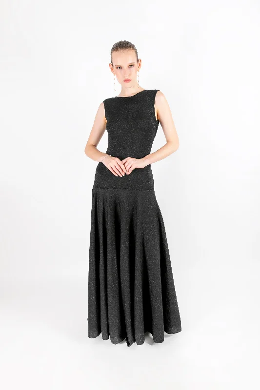 Afife - Wool Blend Pleated Black Dress Bold pattern unclassified dresses