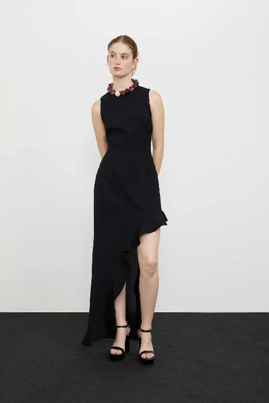 Asymmetric Crepe Dress Black with Flywheel Detail Club unclassified dresses