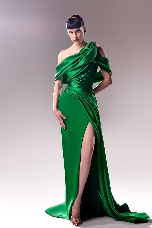 Asymmetric neckline high slit gown Soft fabric unclassified dresses