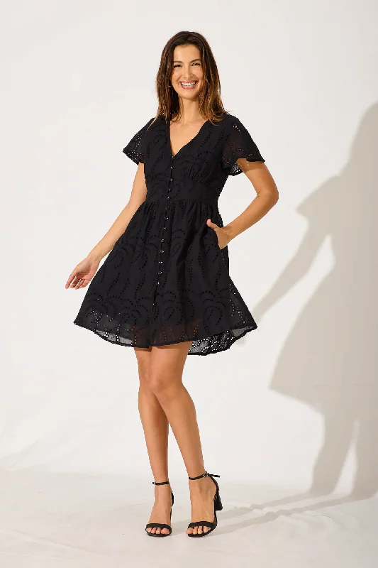 Aurelia Dress In Black Cotton Broderie A-line unclassified dresses