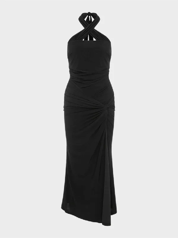 Backless Halter Neck Slit Dress - Black Chiffon unclassified dresses