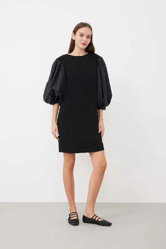 Balloon Sleeve Knee Length Dress Black Fall unclassified dresses