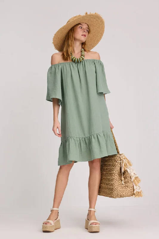 Bateau Neck Moss Green Muslin Dress Metallic unclassified dresses