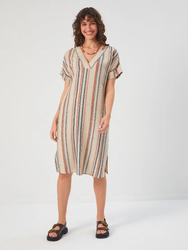 Beige Striped V-neck Linen Blend Dress 68271 Corset unclassified dresses