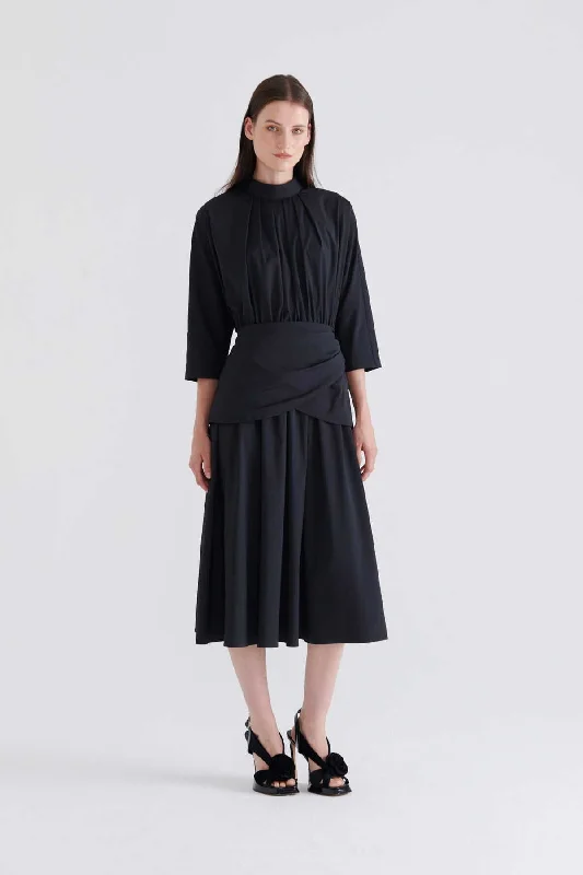 Belted Tea Length Dress Black High-end unclassified dresses