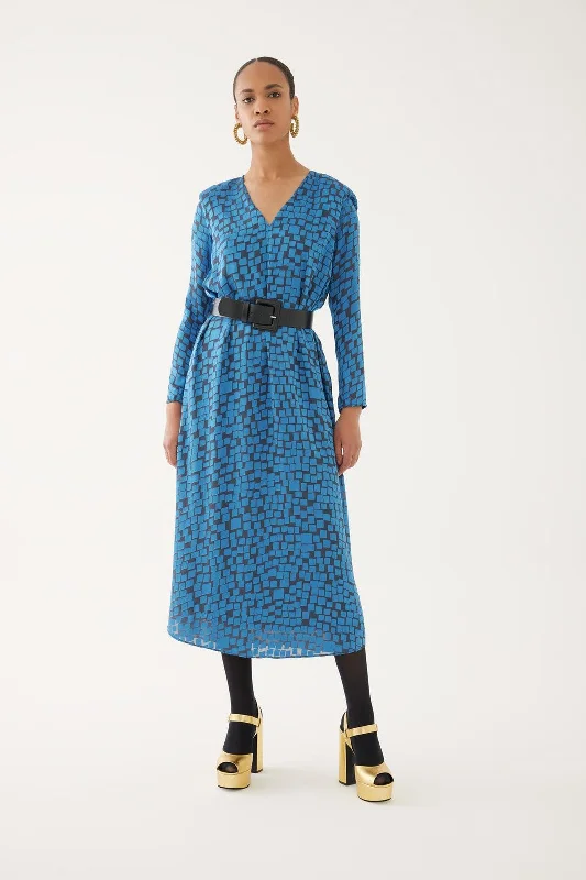 Black and Petrol Blue Glossy V-neck Dress with Belt Bold pattern unclassified dresses