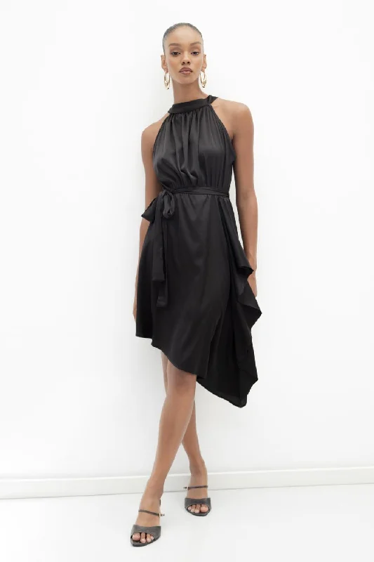 Black Asymmetrical Hem Detail Satin Dress Tiered unclassified dresses